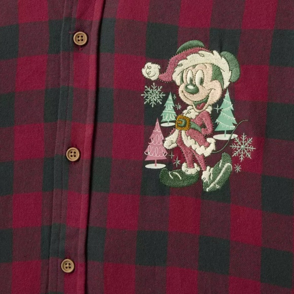NWT Disney Christmas Santa Mickey Mouse Holiday Plaid Button Down Unisex Shirt - Picture 2 of 4